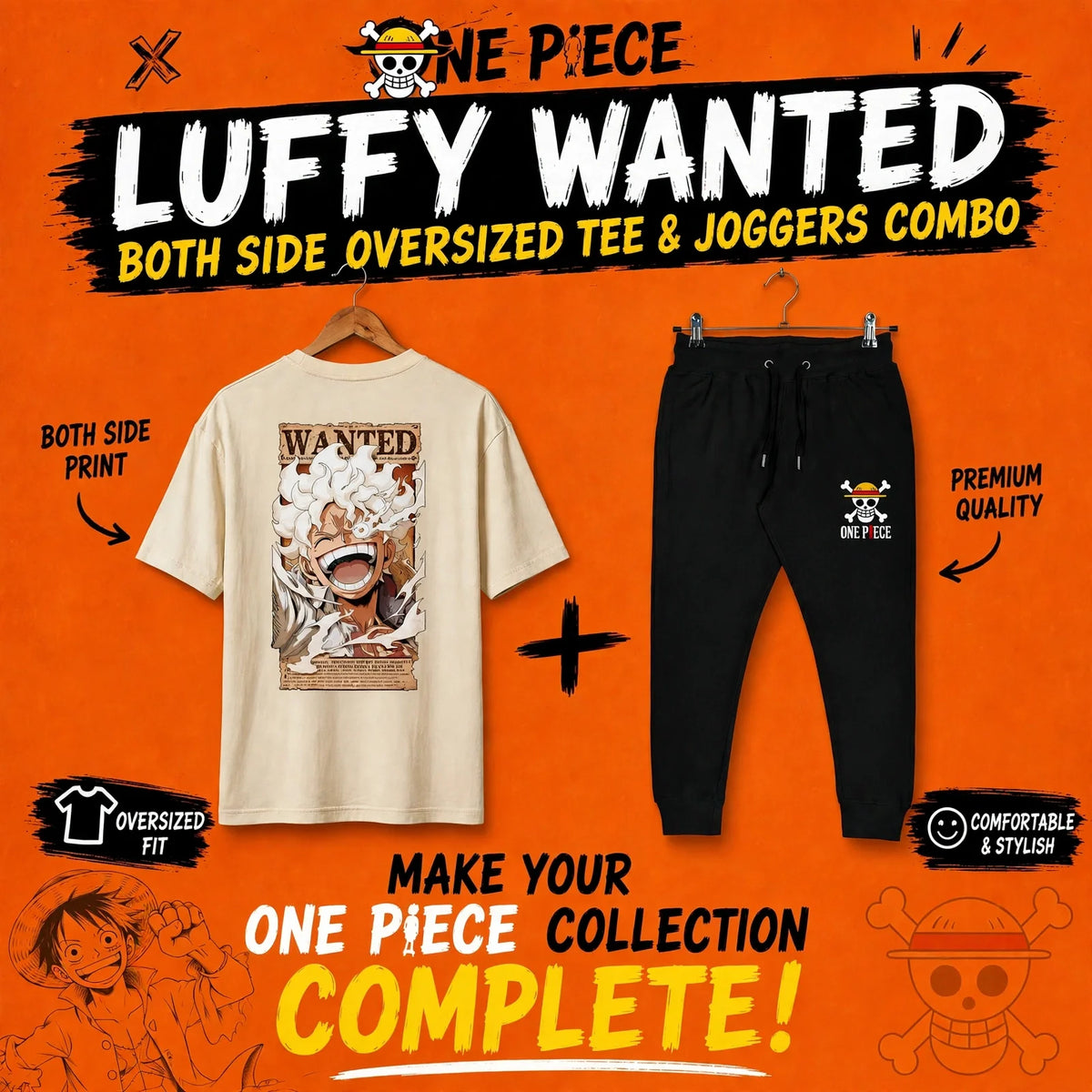 ONEPIECE - LUFFY WANTED - BOTH SIDE OVERSIZED TEE + UNISEX JOGGERS COMBO